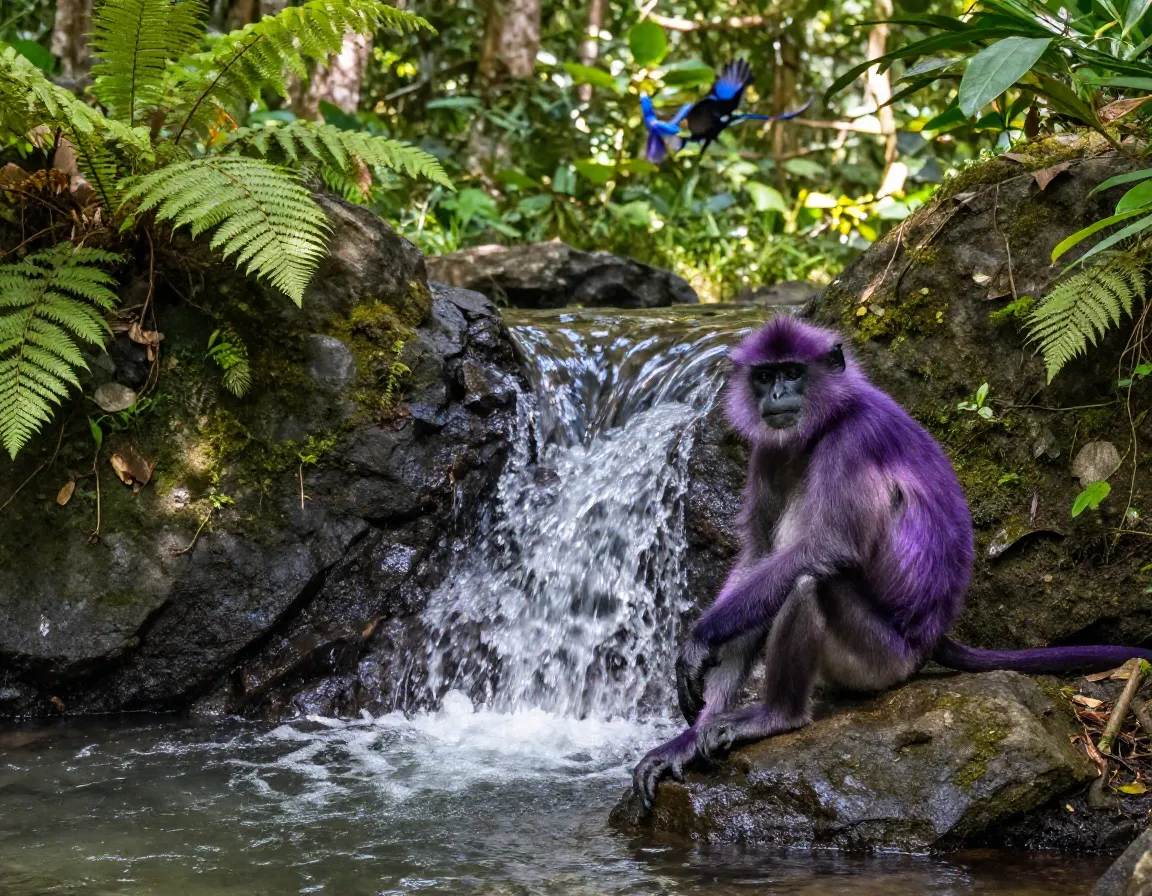 Purple faced langur and waterfall in intimate sri lankan rainforest