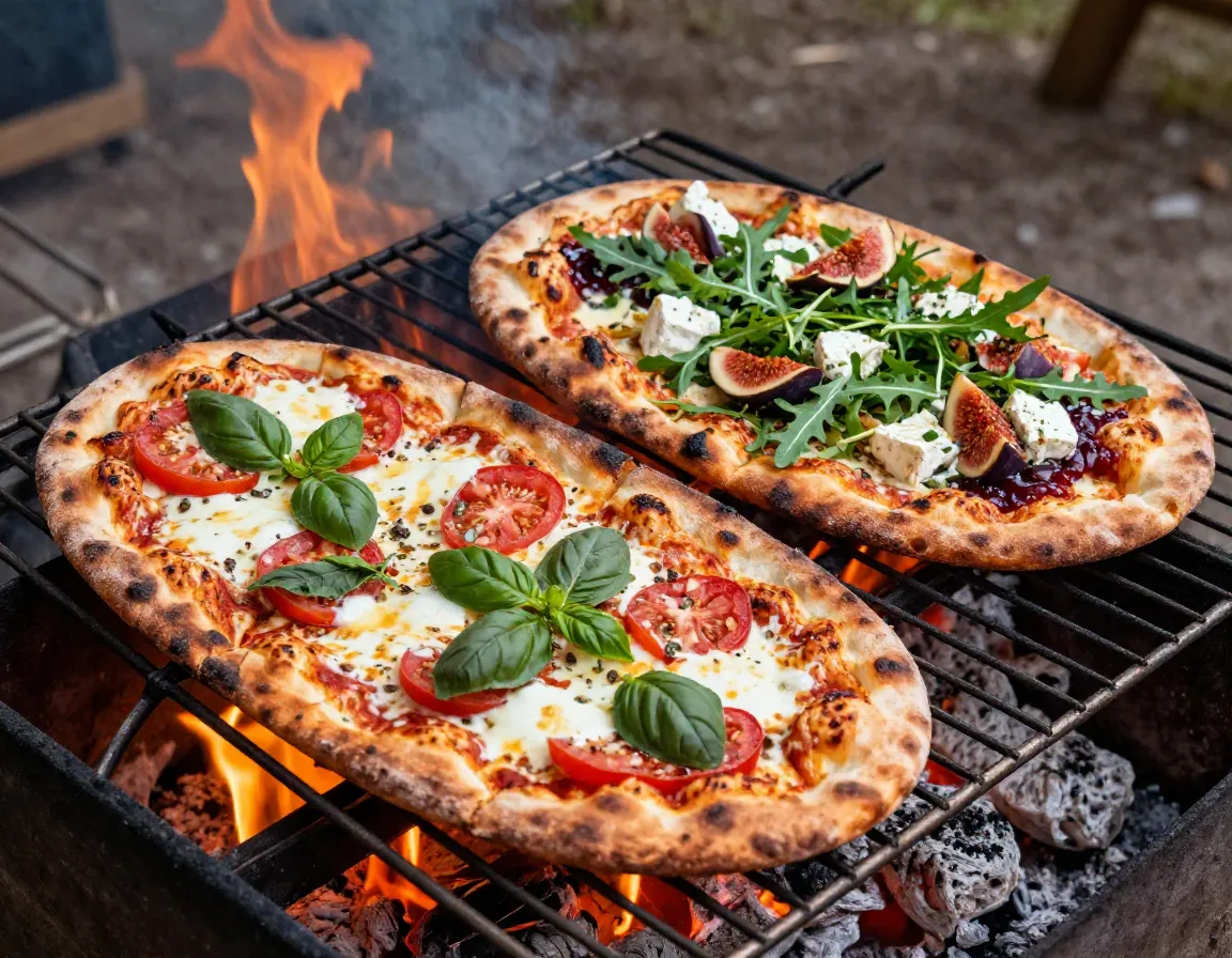 Two custom flatbread pizzas grilling on campfire grate