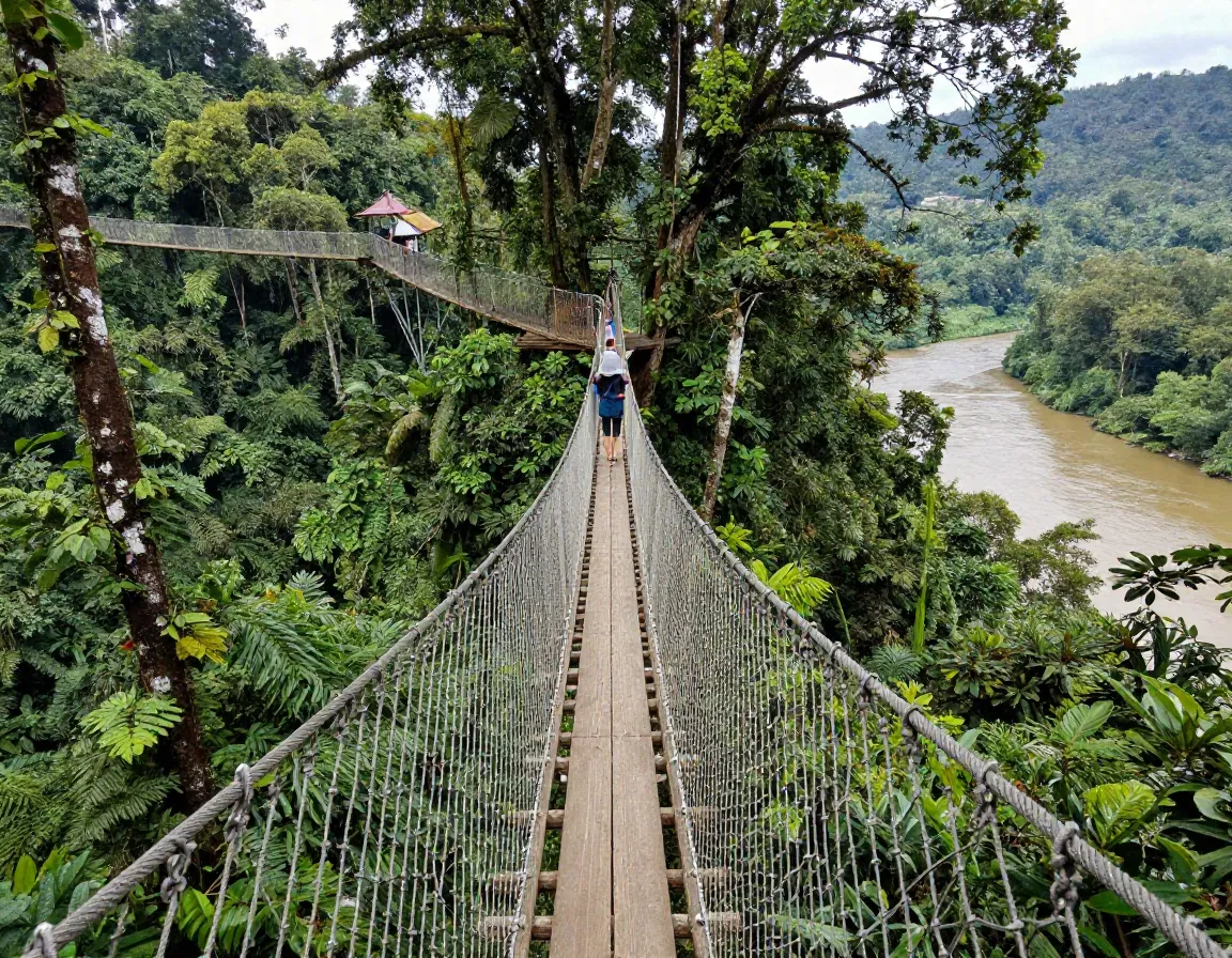 Canopy walkway suspended high above lush malaysian rainforest floor