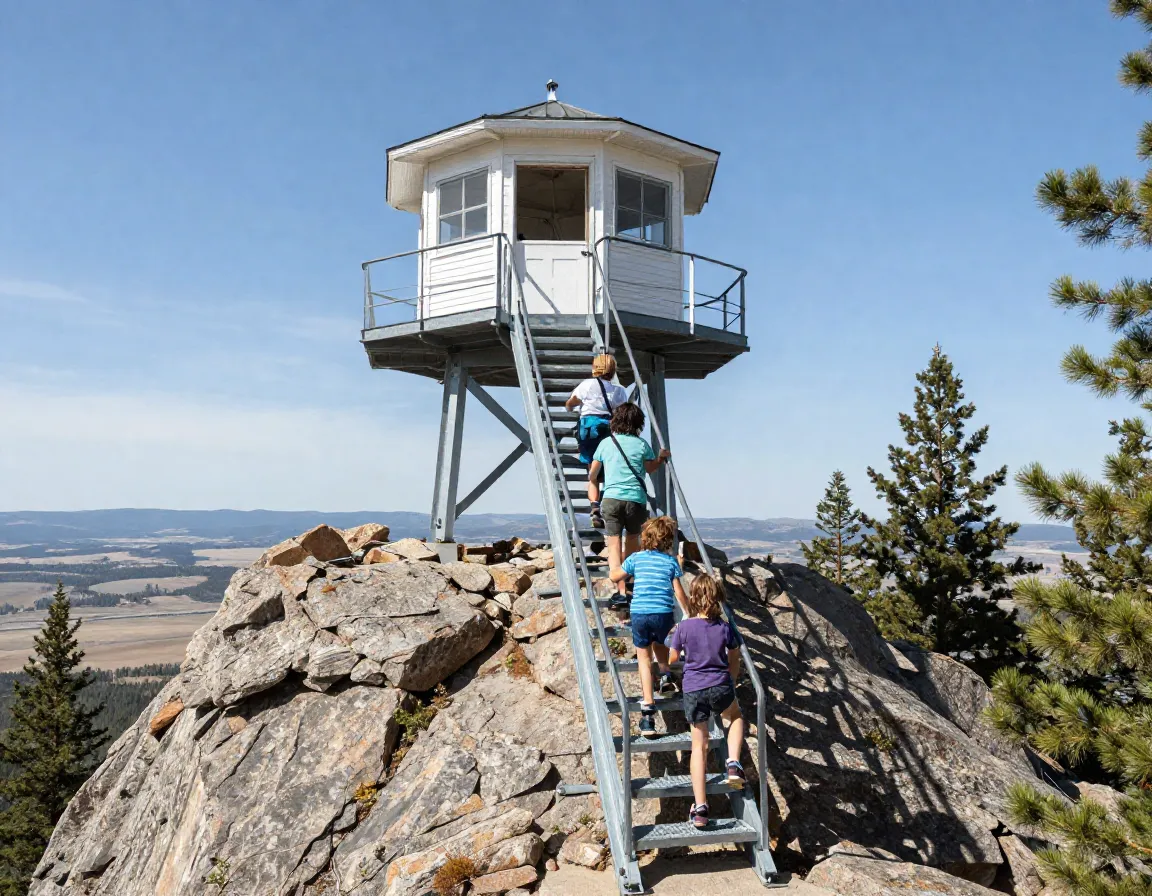 Family climbing steel staircase to devils head fire lookout tower