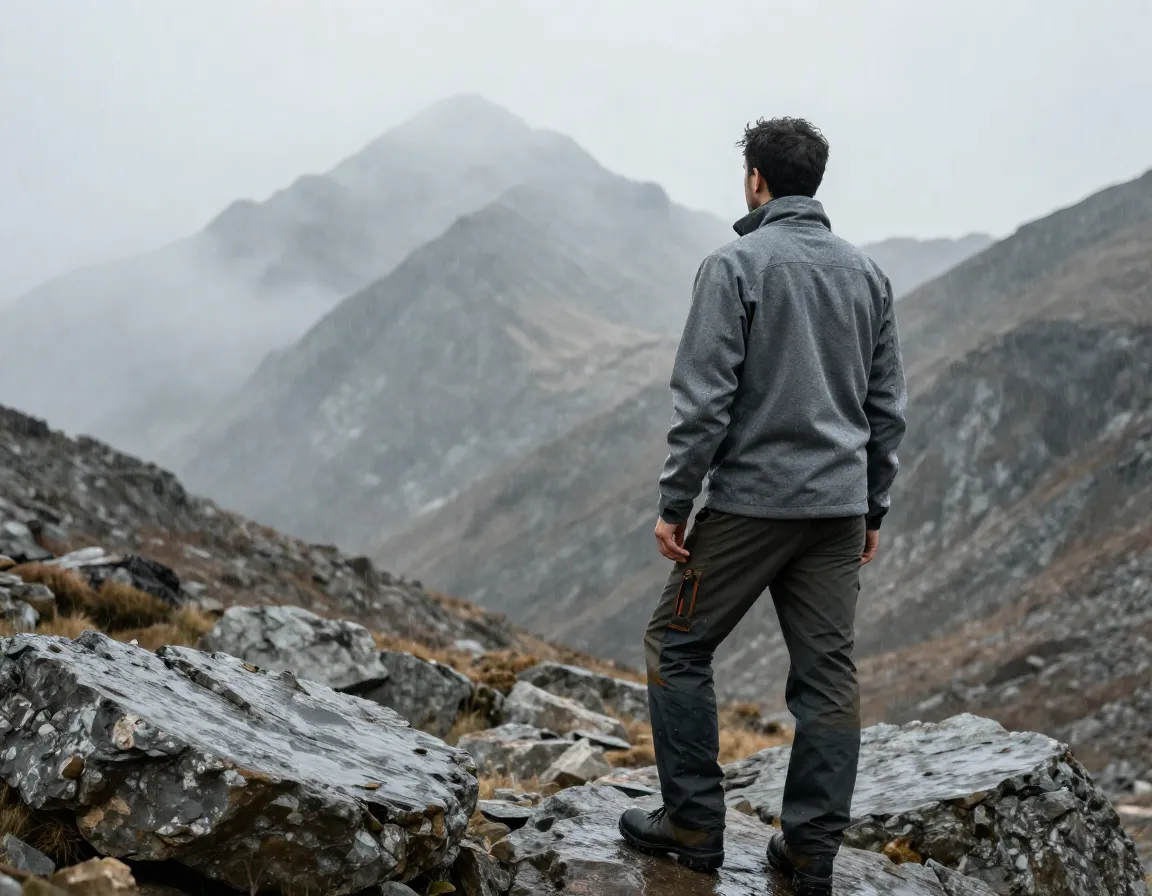 Hiker in softshell jacket and utility pants in rainy mountains