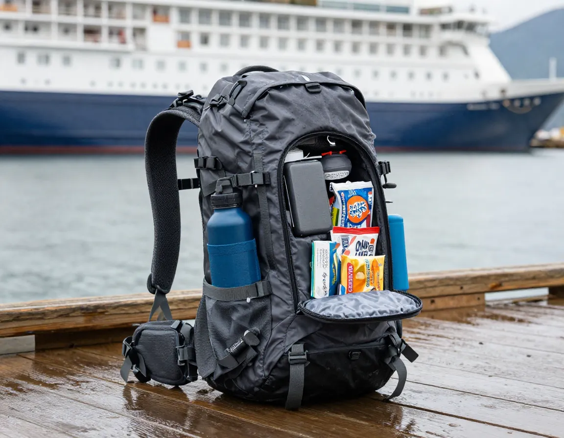 Waterproof daypack with gear on alaska excursion dock