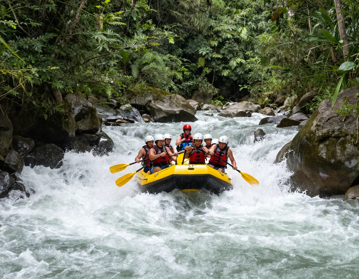 White water rafting team navigating rapids on the savegre river