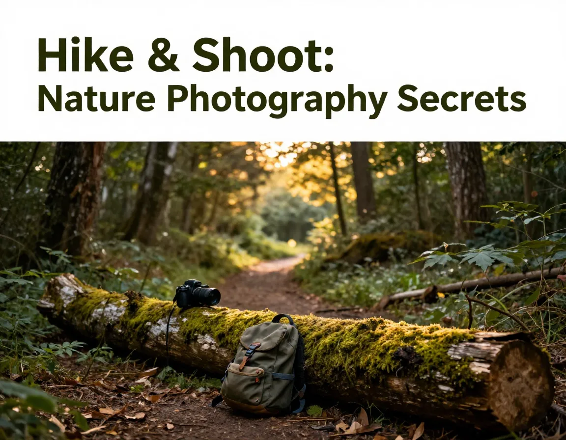 Camera on log backpack golden hour forest trail photography hike