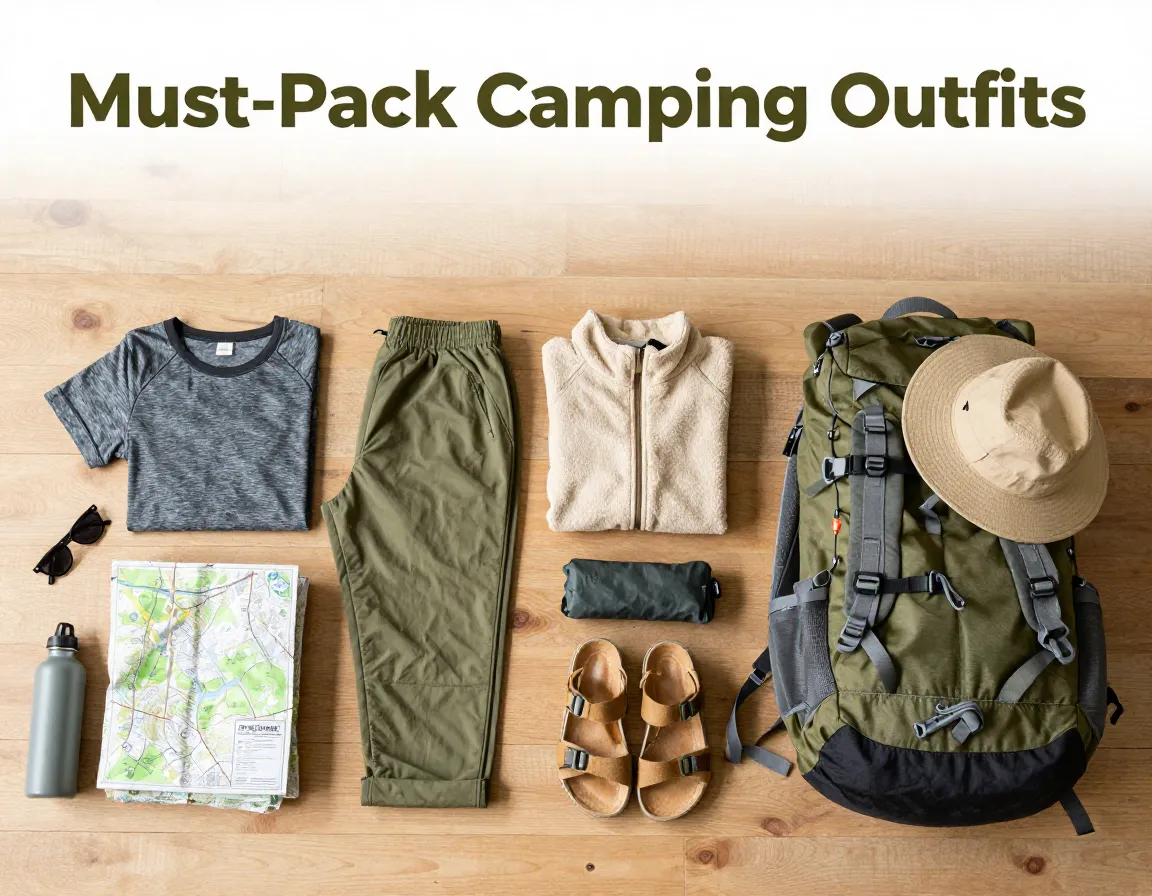 Summer camping outfits flat lay rolled clothes gear backpack earth tones
