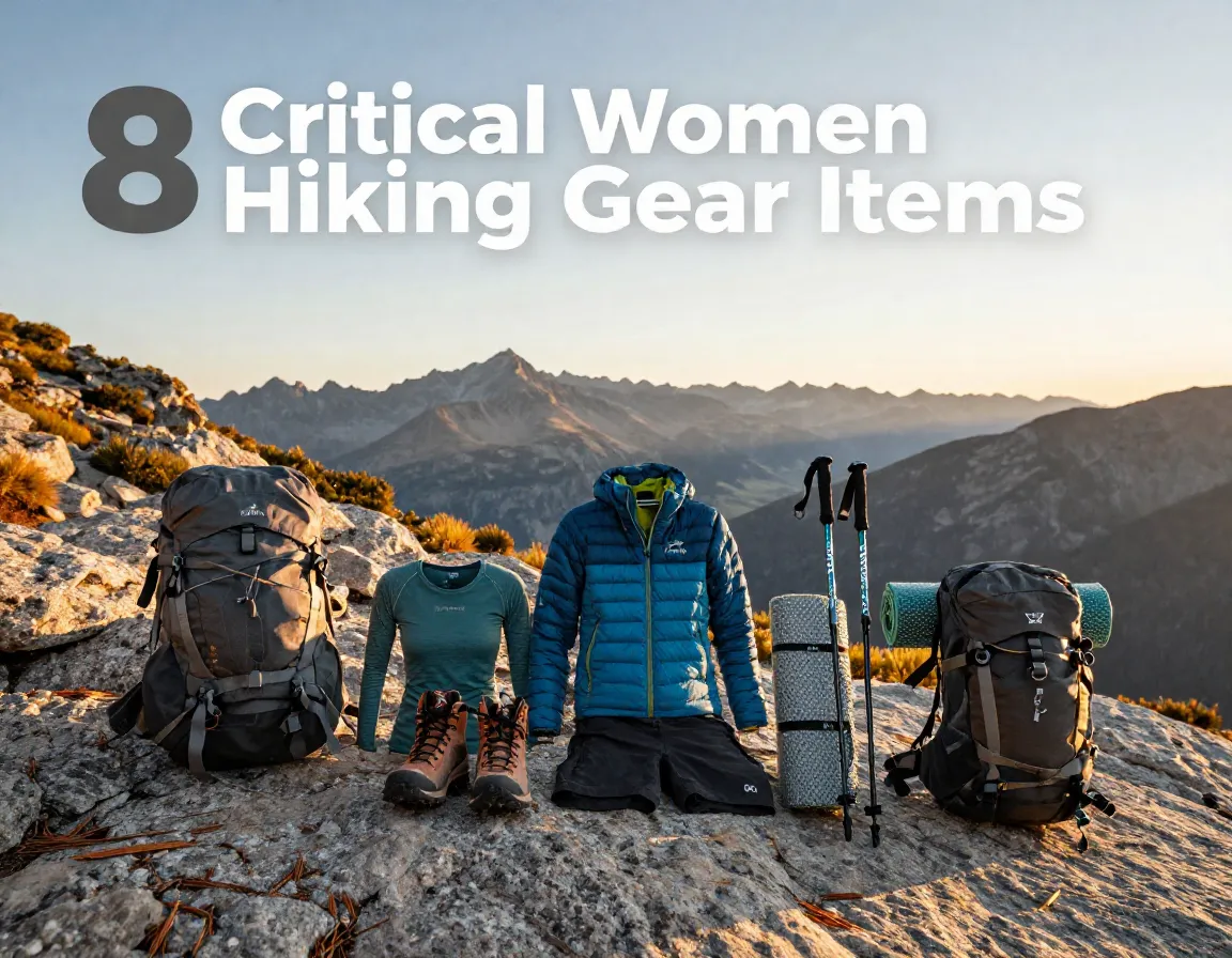 Womens hiking gear essentials arranged on trail with mountain vista