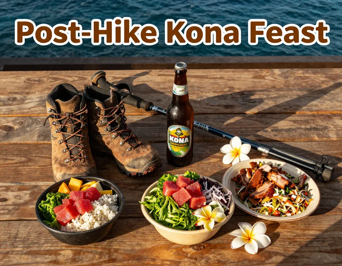 Worn boot poke bowl kona beer hawaiian plate flat lay