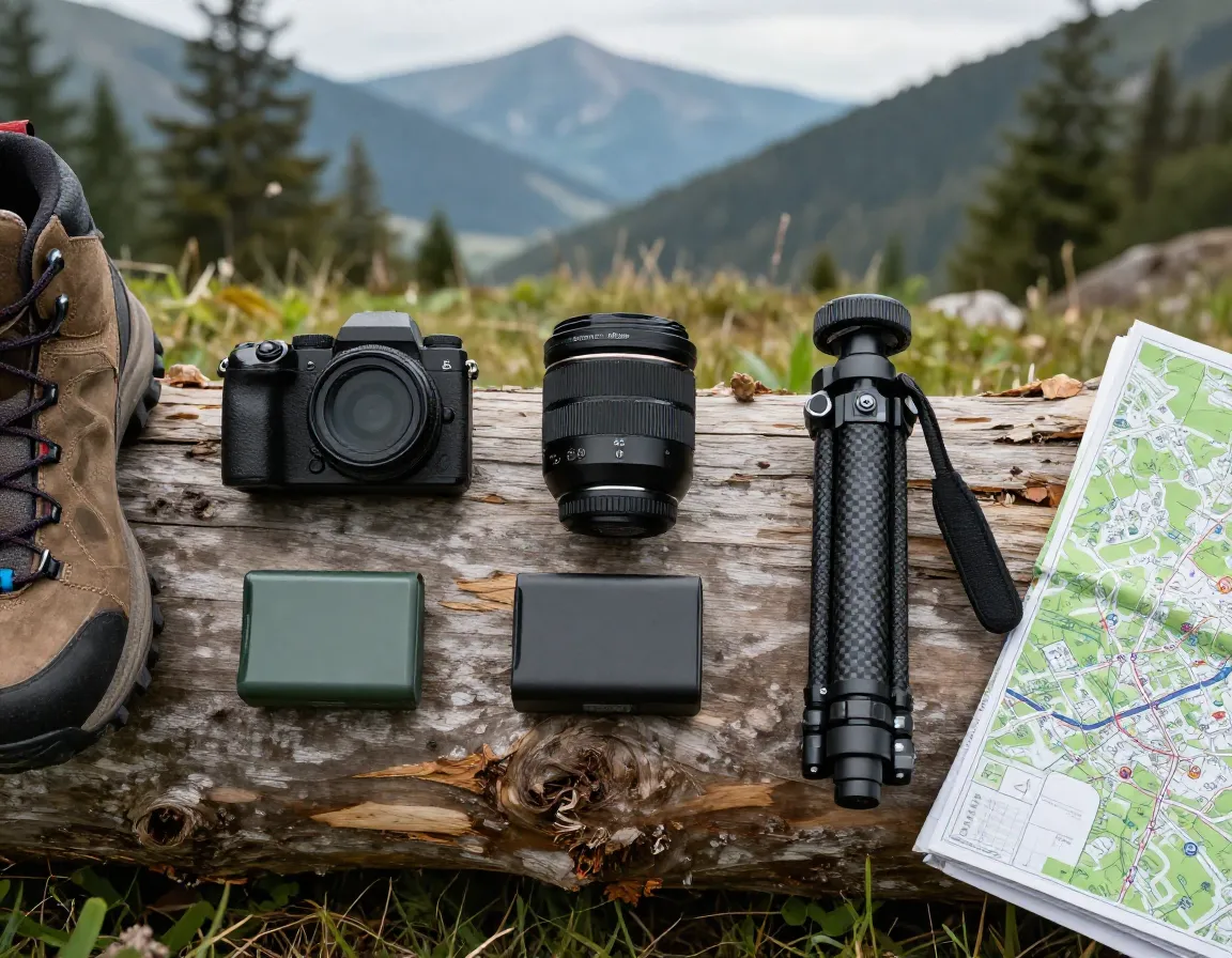 Compact hiking camera gear on wooden trail log with mountains