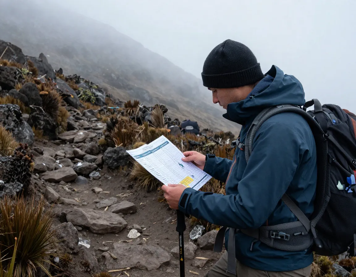 Hiker checks seasonal weather table on misty mountain slope