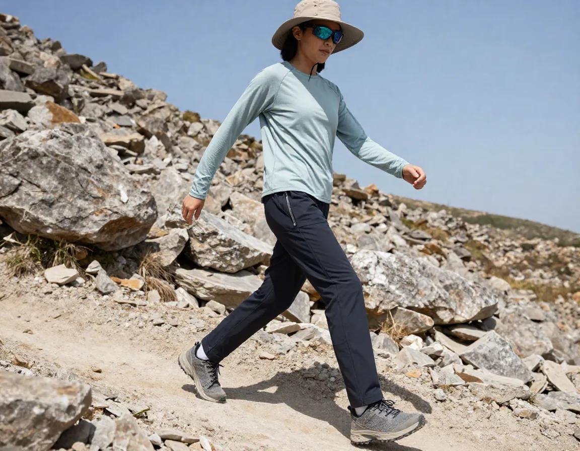Hiker in sun protective shirt convertible pants on mountain trail