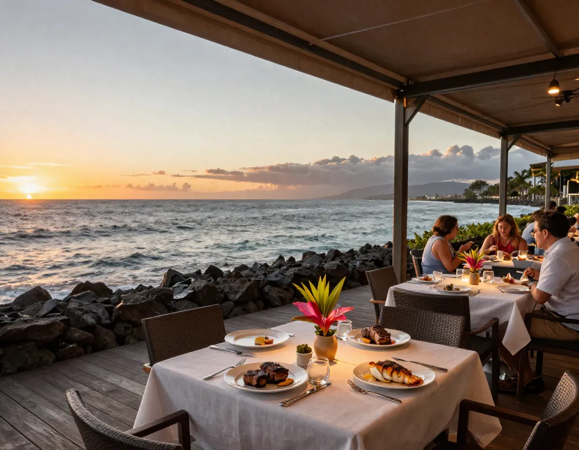 Huggos waterfront restaurant patio dining at sunset