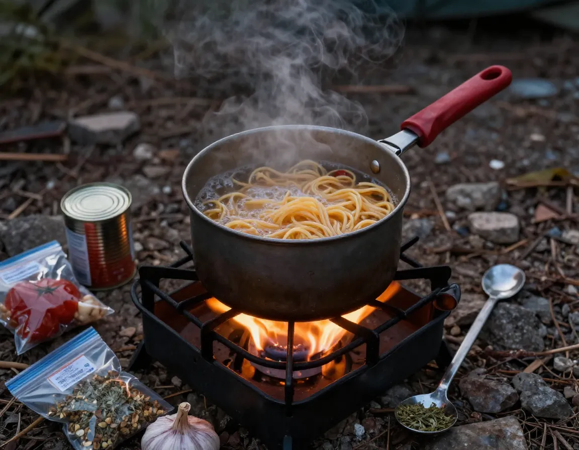 One pot pasta cooking over camp stove at dusk