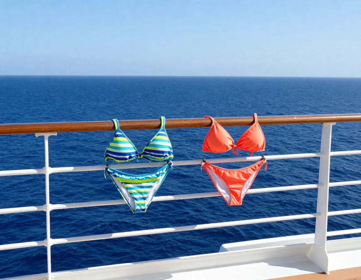 Two swimsuits drying on a sunny cruise balcony railing overlooking blue sea
