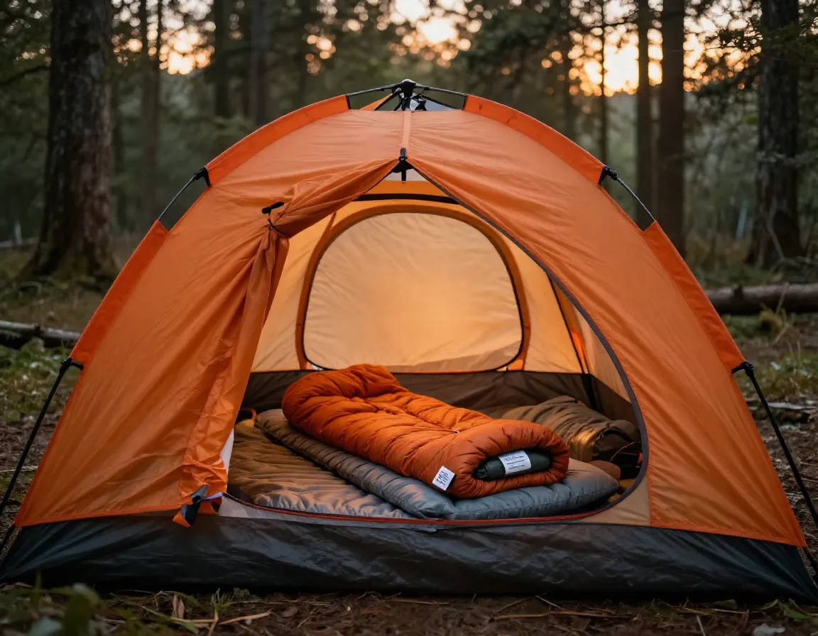 Cozy orange tent with sleeping bag and inflatable mat in forest clearing