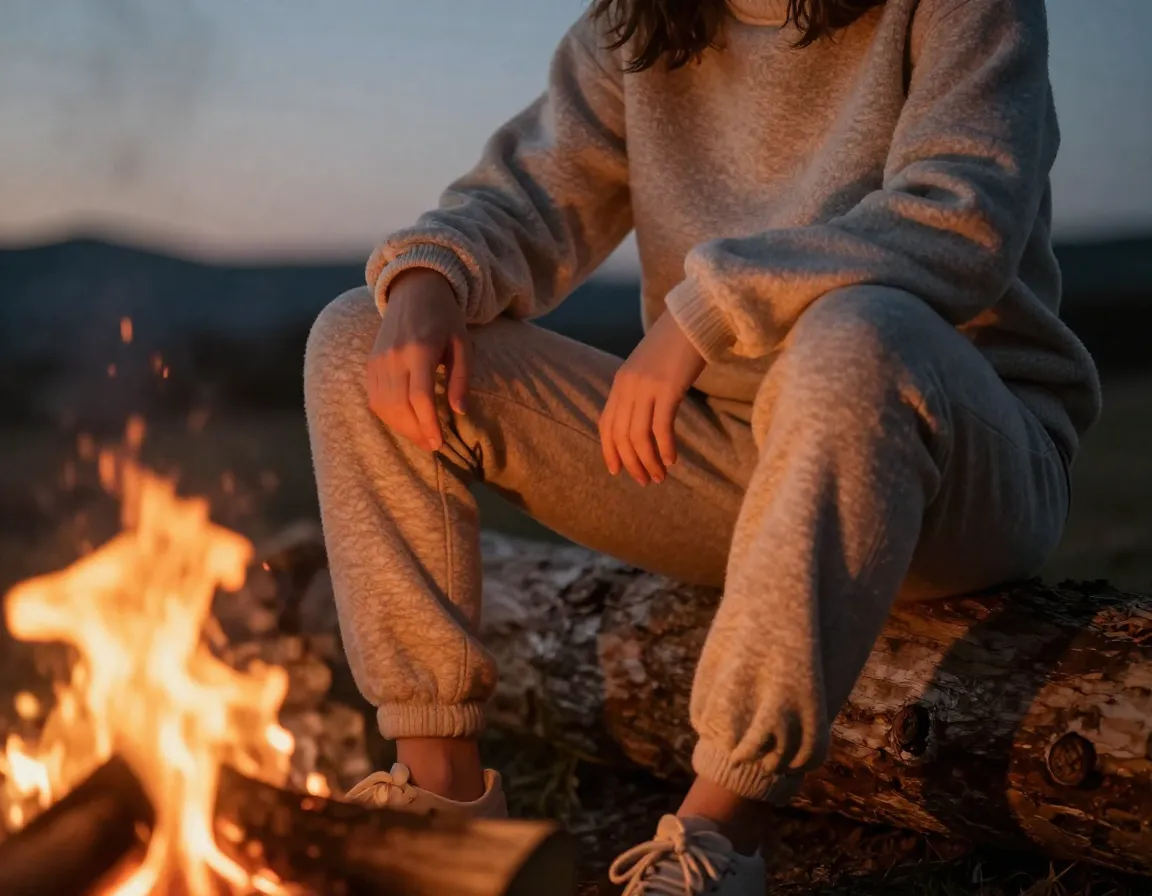 Person in merino wool fleece joggers sitting by campfire at dusk