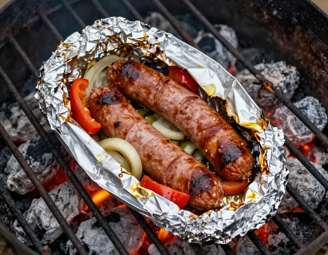 Sausage and veggie foil packet opened on campfire coals
