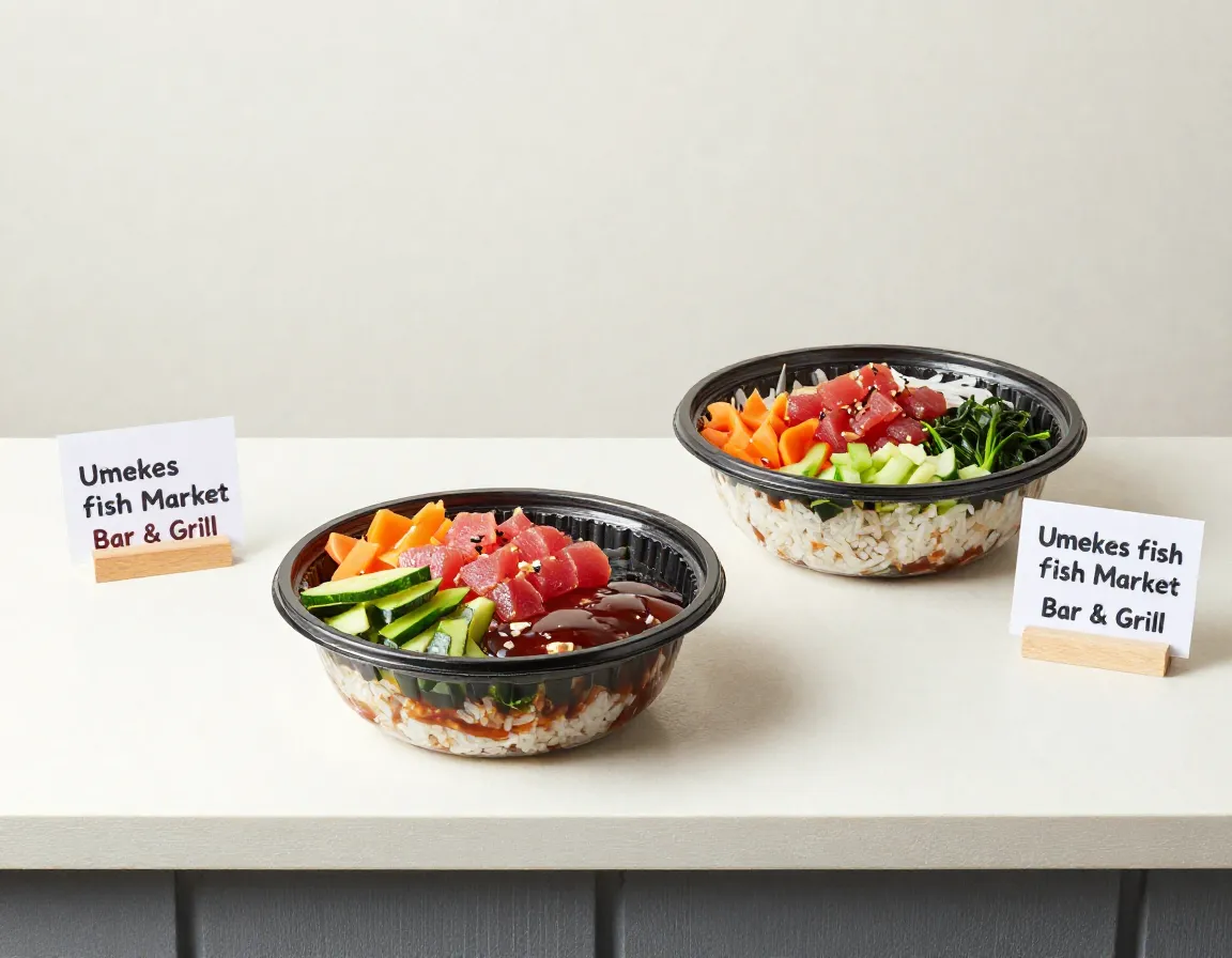 Umekes fish market counter display of vibrant poke bowls