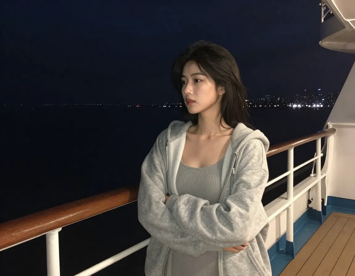 Woman in lightweight hoodie on chilly night cruise deck with city lights
