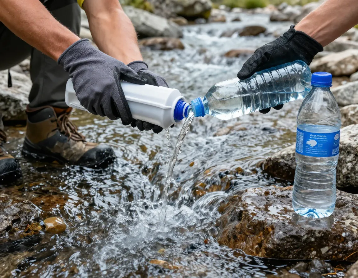 Hiker filling water bottle with sawyer filter from mountain stream