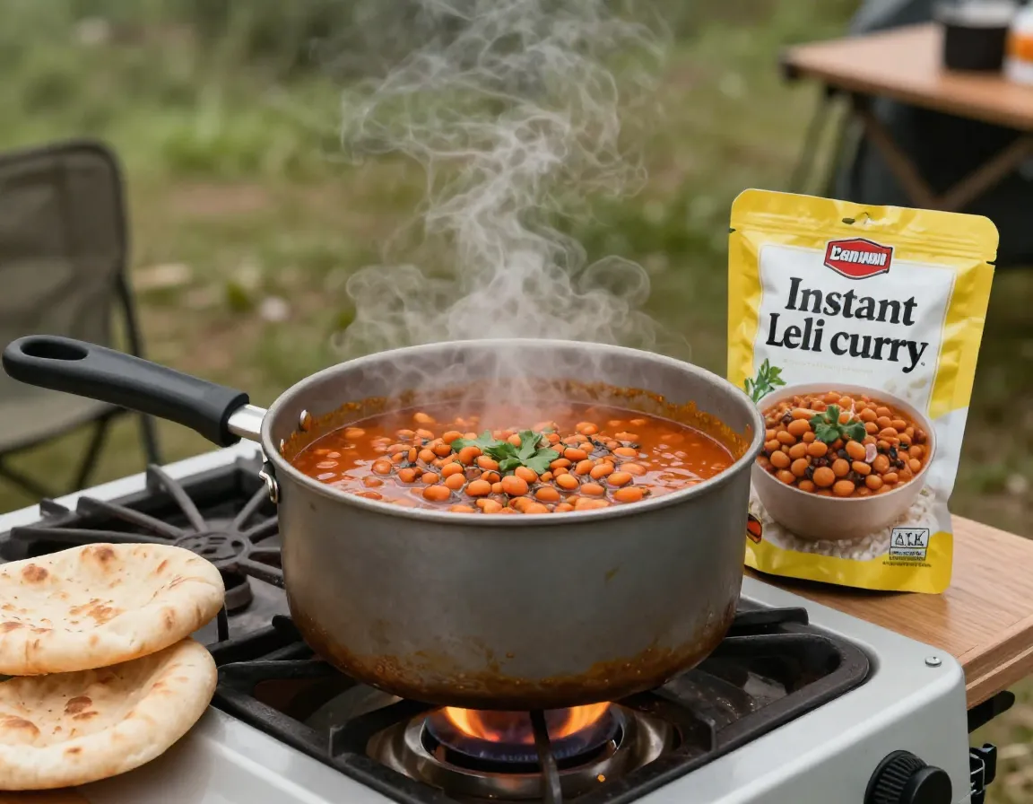 Instant lentil curry simmering in pot at camp