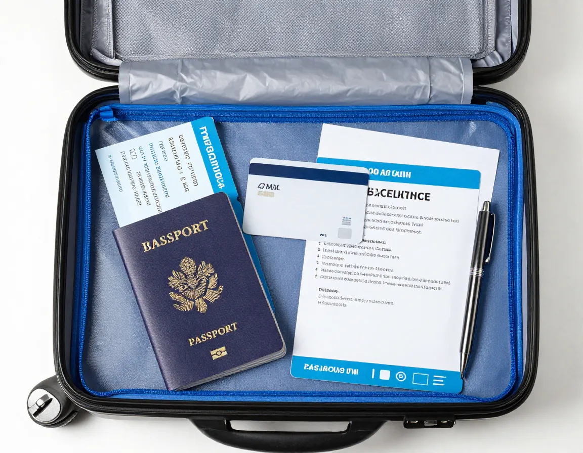 Organized travel documents and passport in waterproof pouch on suitcase