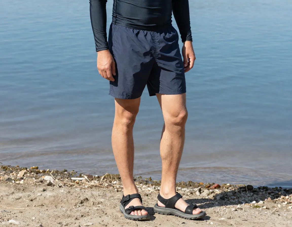 Person in quick dry swim shorts rash guard sandals at lake shore