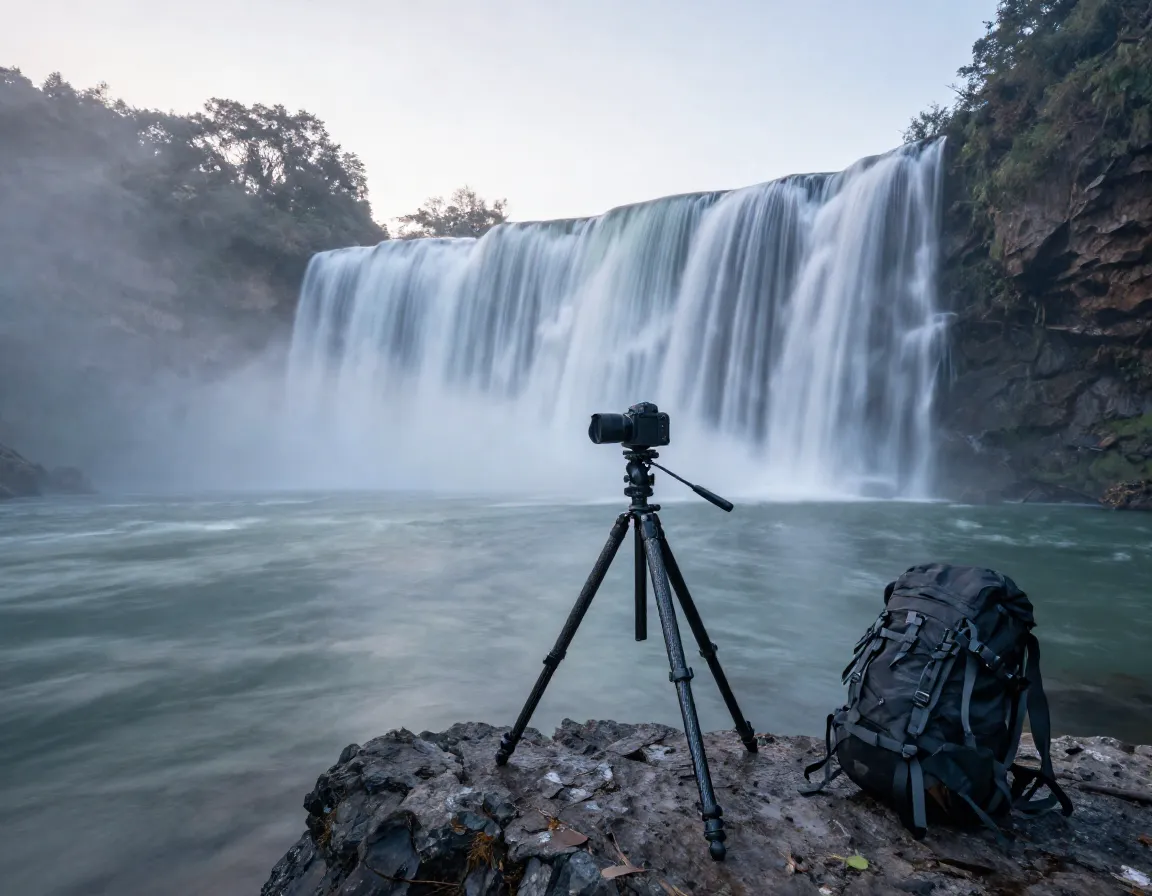 Solo hiker using carbon fiber tripod for waterfall long exposure
