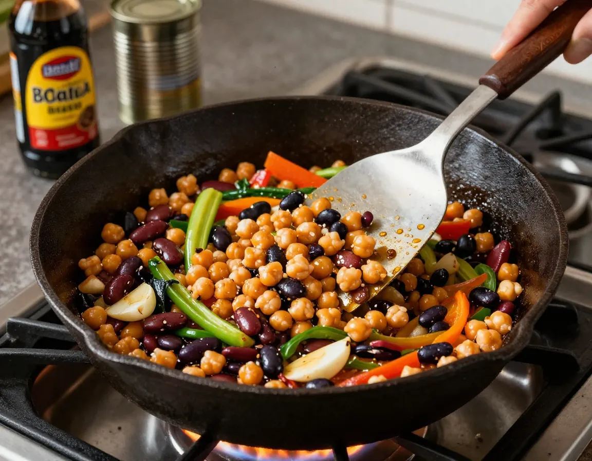 Canned bean and vegetable stir fry in cast iron skillet