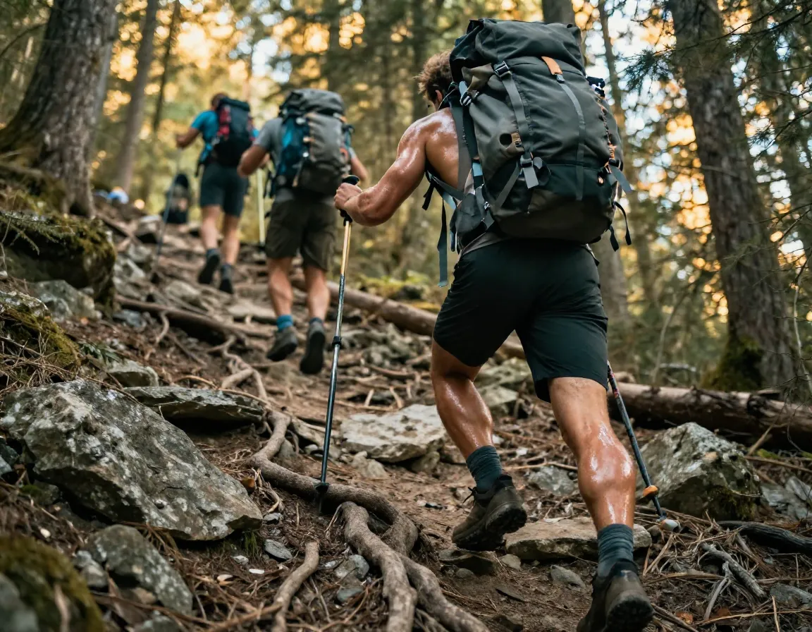 Determined athlete trains with weighted pack on steep trail
