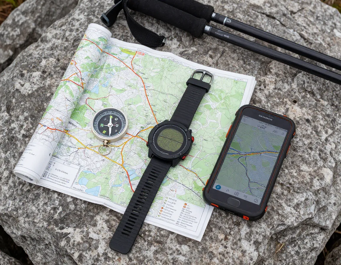 Gear spread on map with compass gps watch and smartphone on rock