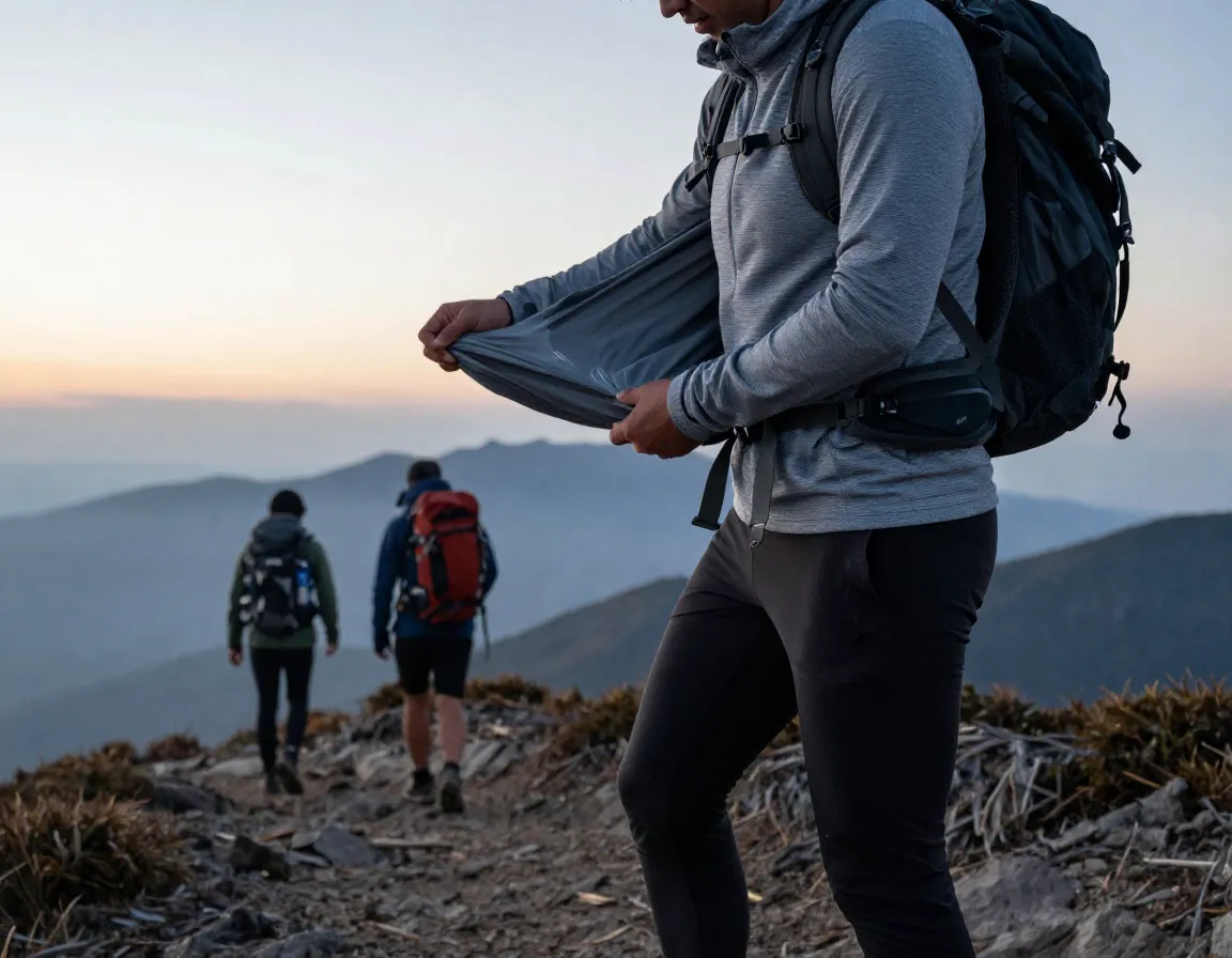 Hiker peeling off wind jacket over thermal layer on mountain at dawn