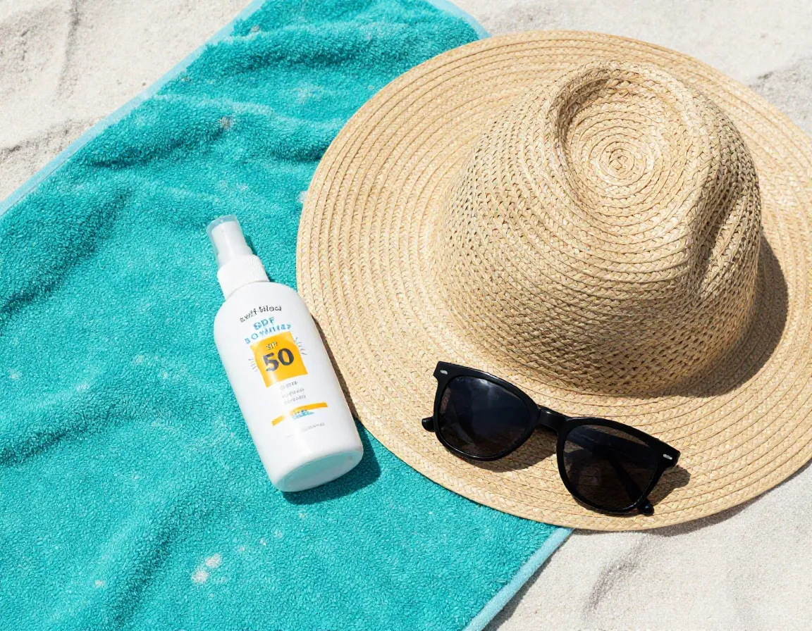 Sunscreen spray bottle and wide brimmed hat on tropical beach towel