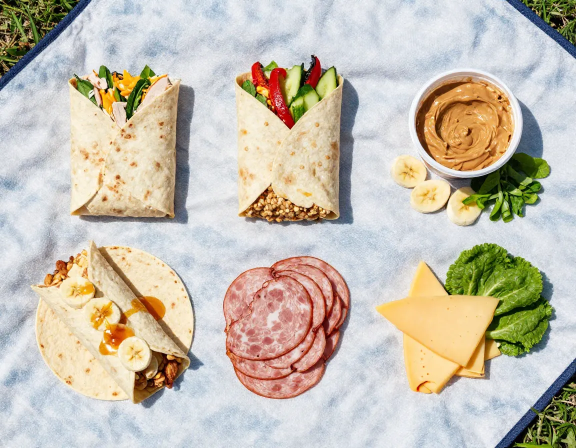 Assorted no cook wraps on camping picnic blanket