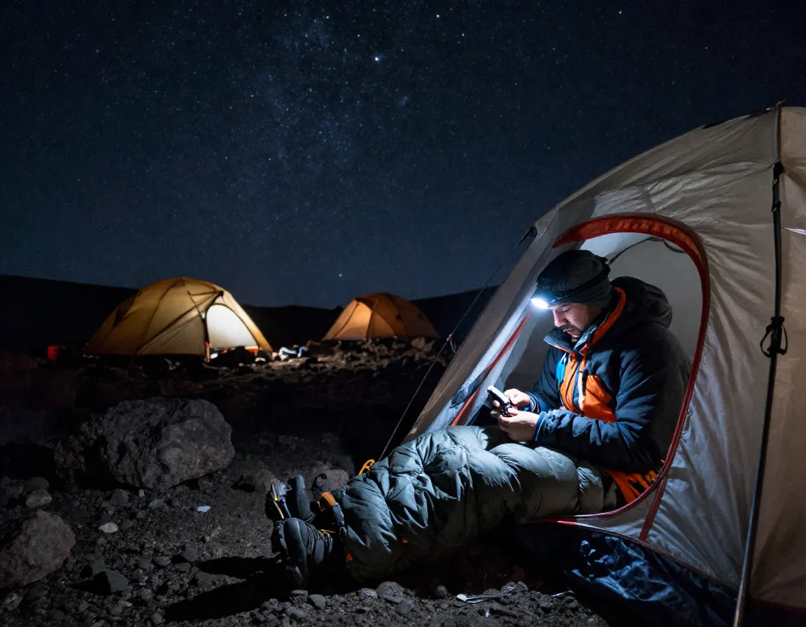 Climber rests at high camp under starry sky with oxygen meter