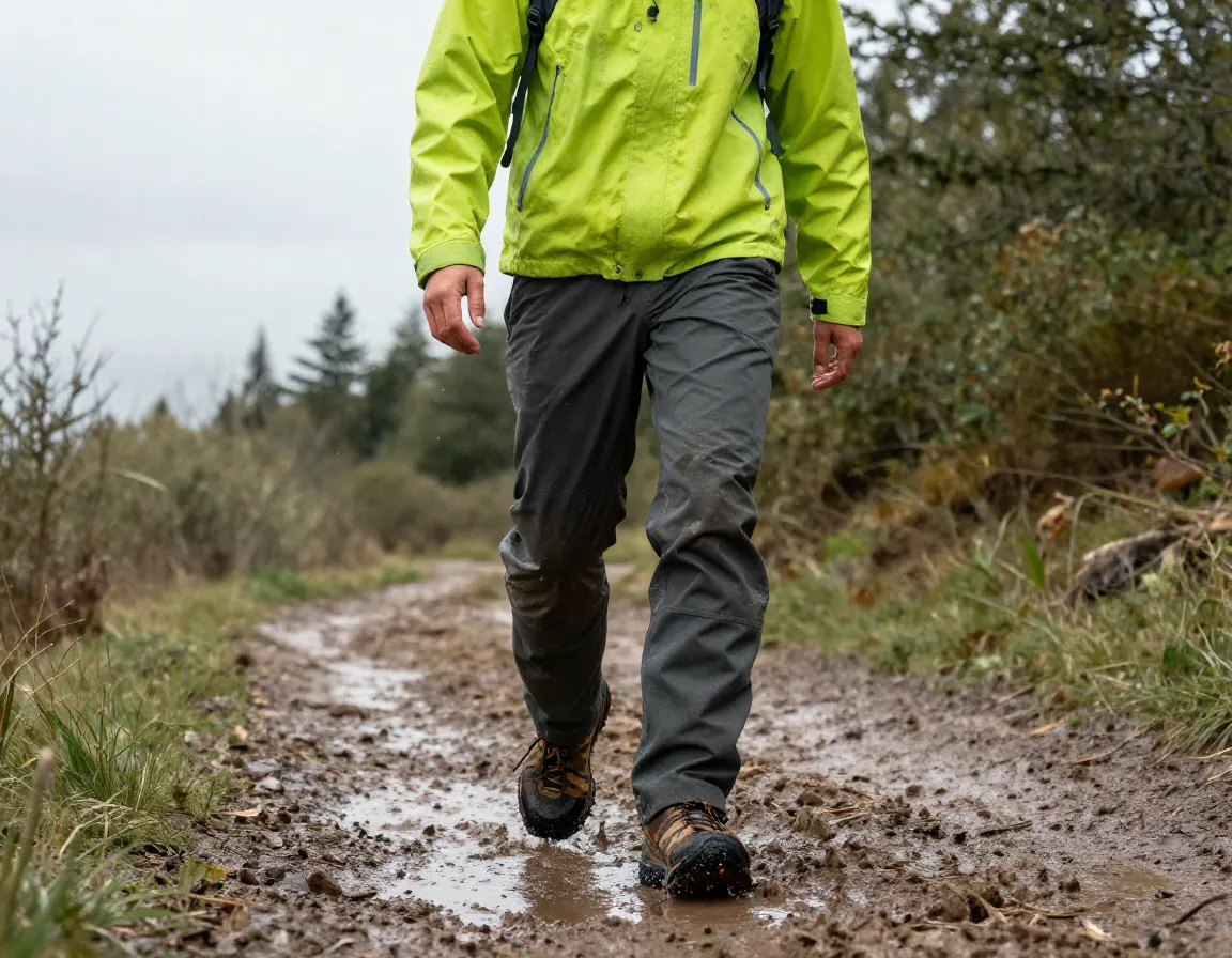 Hiker in bright waterproof jacket quick dry pants on muddy trail