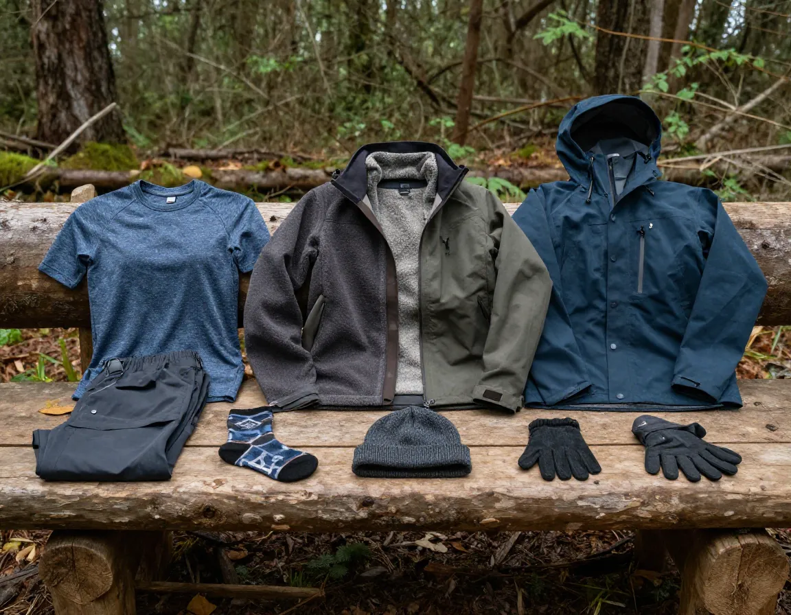 Layered hiking clothing system displayed on a log bench