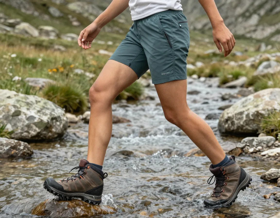 Breathable hiking shorts woman crossing mountain stream