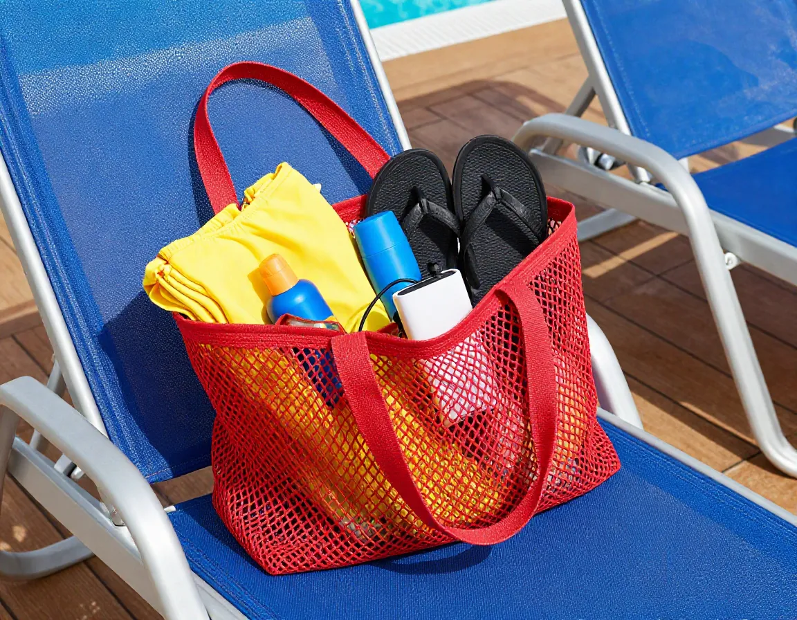Colorful mesh tote bag packed with embarkation day essentials on deck chair