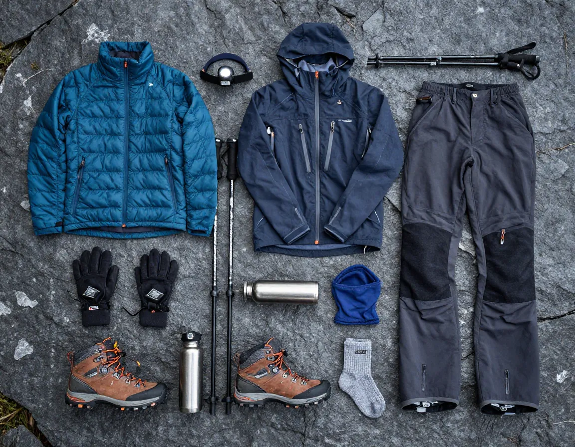 Detailed flat lay of essential mountaineering gear on rocks