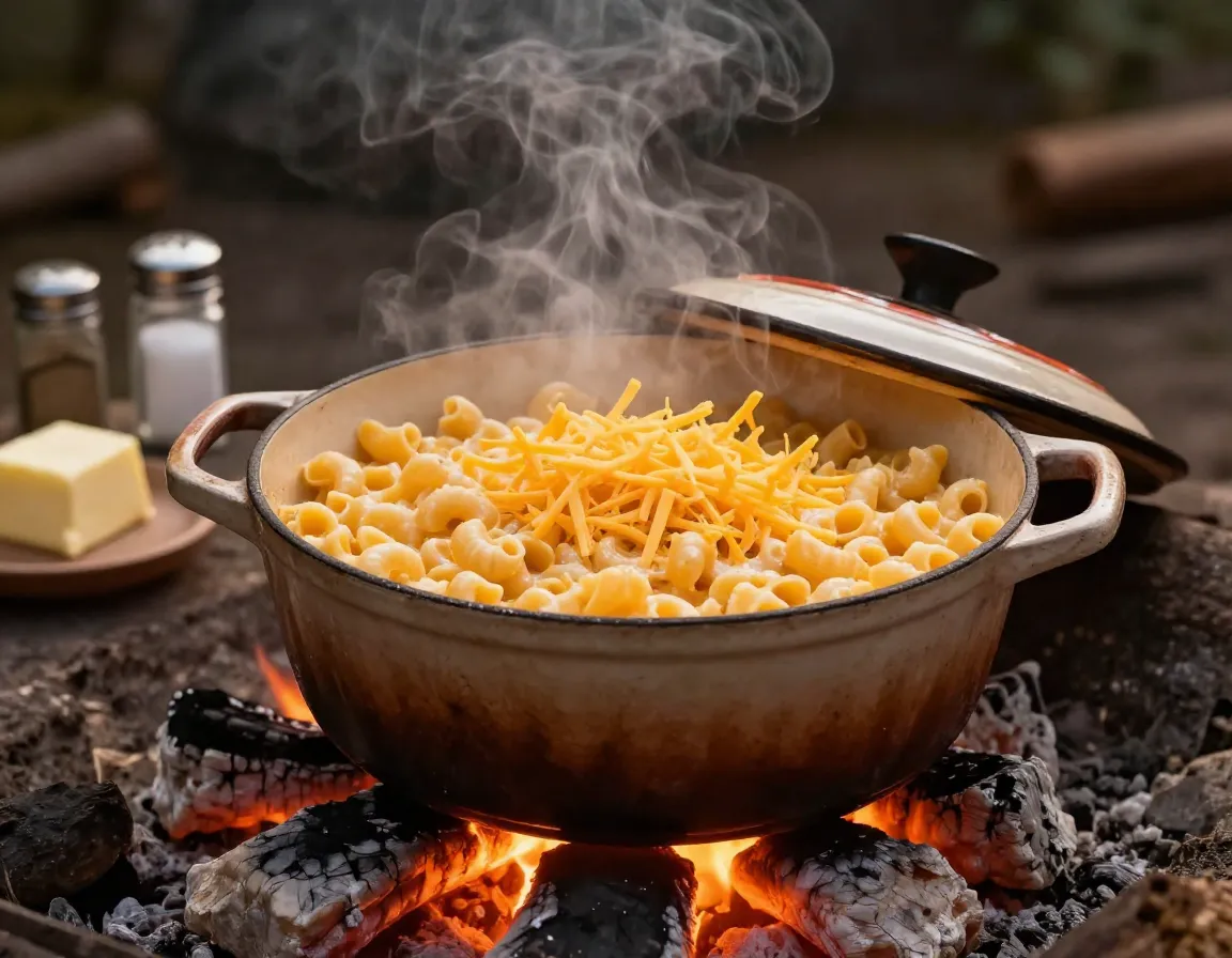 Dutch oven mac and cheese cooking over campfire coals