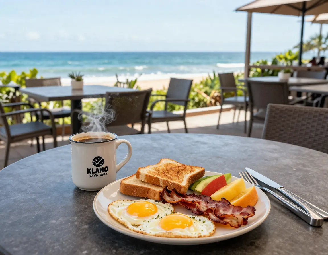 Island lava java outdoor cafe breakfast with ocean view