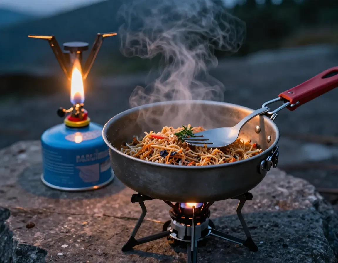 Lightweight titanium stove cooking freeze dried meal in pan