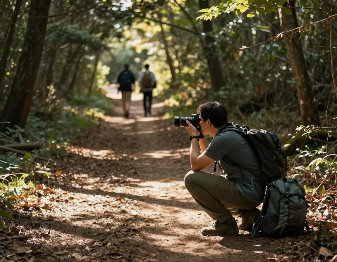 Photographer capturing forest path on return hike in afternoon light
