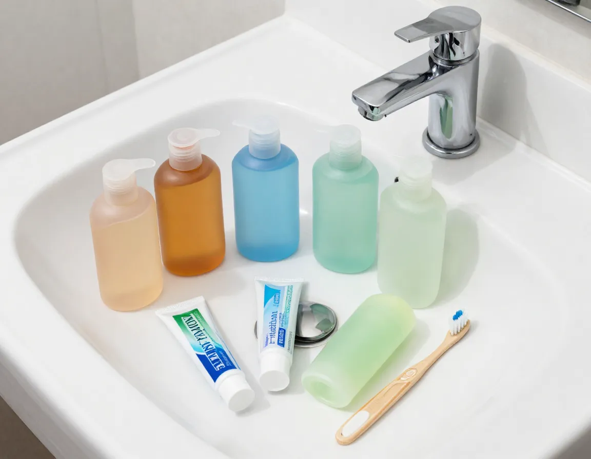 Assortment of travel sized toiletries in reusable silicone bottles on sink