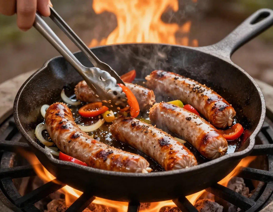 Bratwurst and peppers sauteing in cast iron skillet