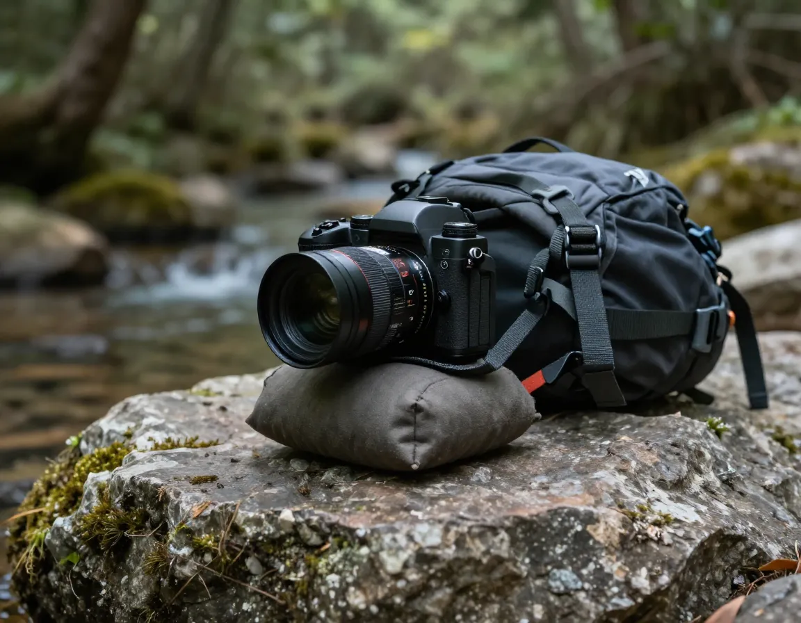 Camera stabilized on flat rock using backpack as support beanbag