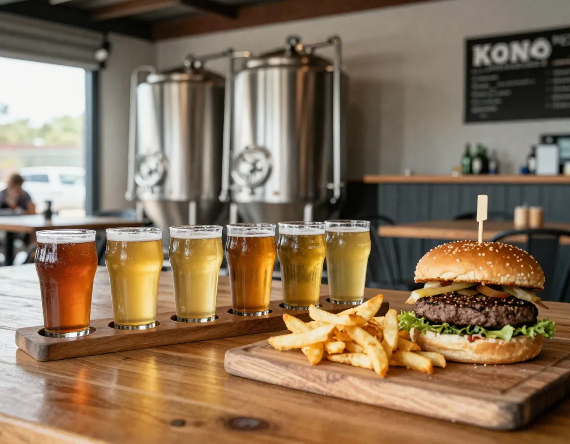 Kona brewing company craft beer flight and burger