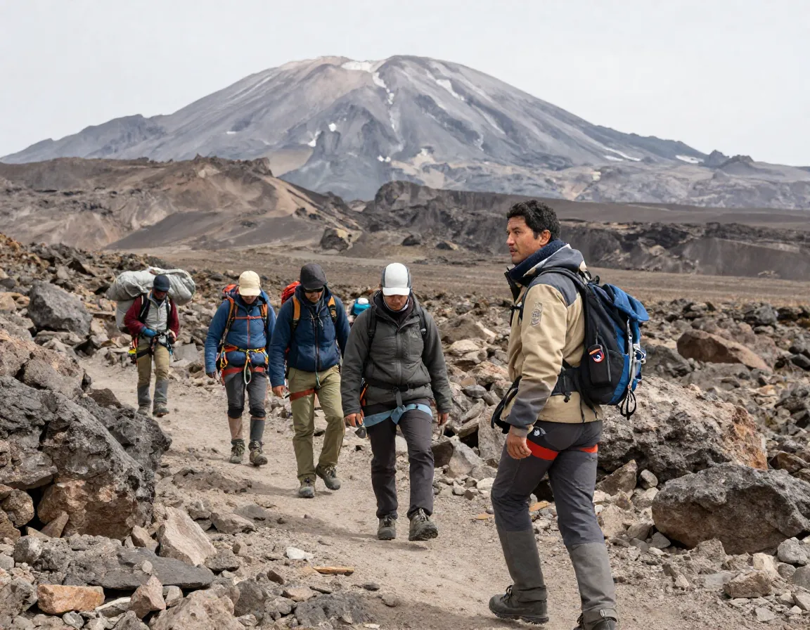 Trustworthy guide leads small group across rocky alpine landscape