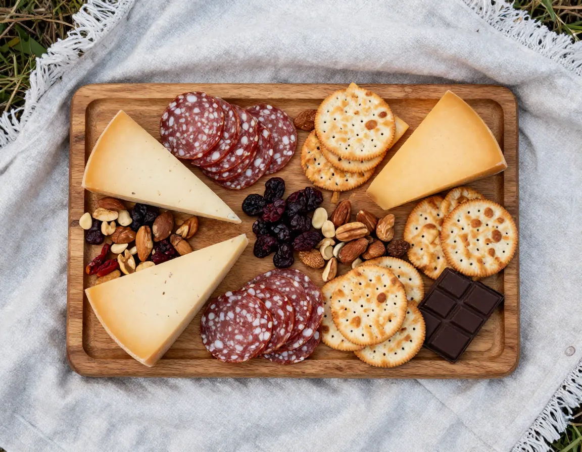 Camping charcuterie board on a wooden cutting board