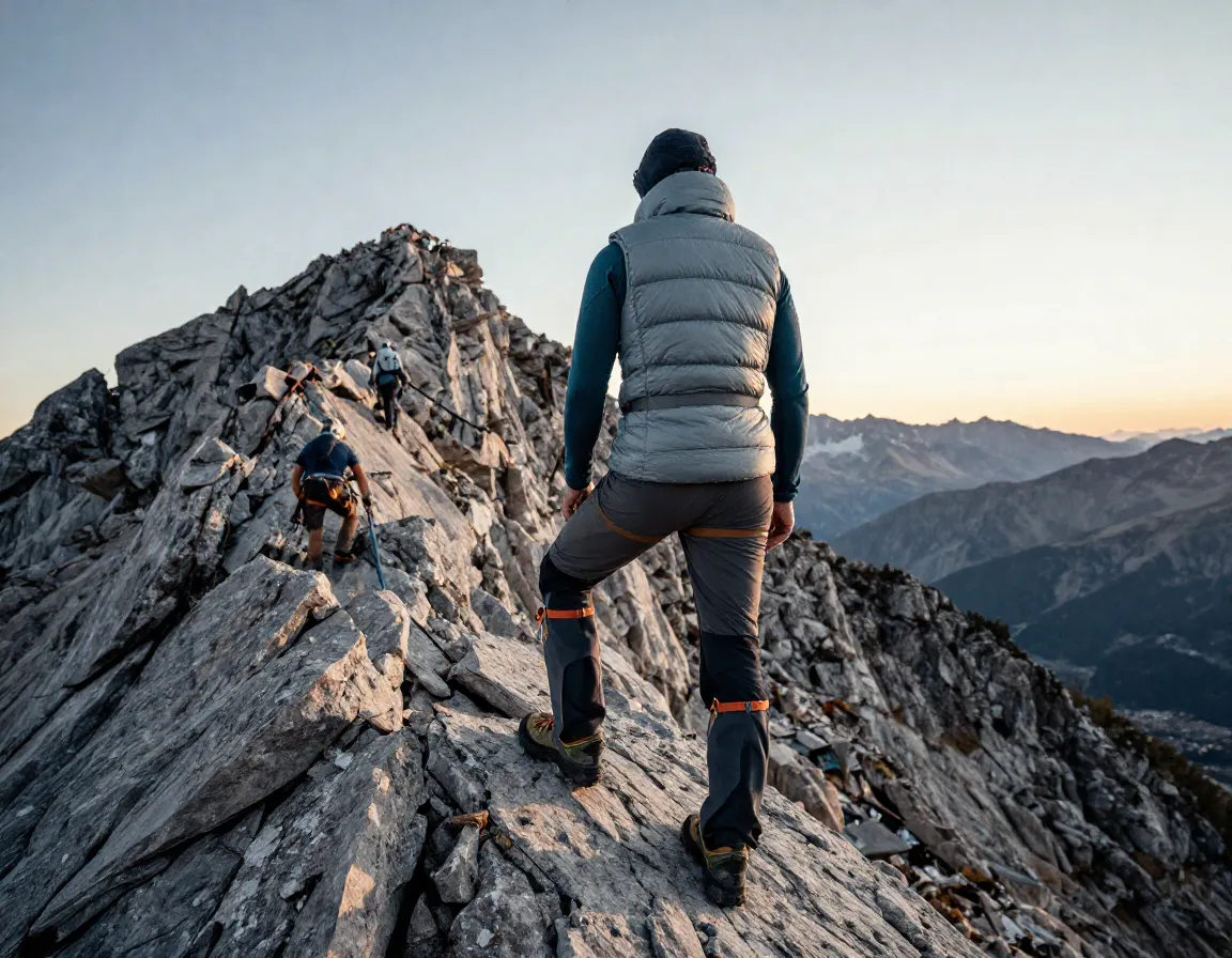 Climber in compression layer insulated vest gaiters on rocky ridge